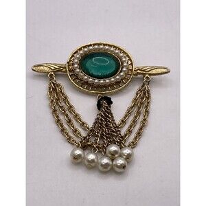 Unique Vintage Brooch/Pin, Dangle Chain/Faux Pearls-Green Cat Eye Lucite Stone